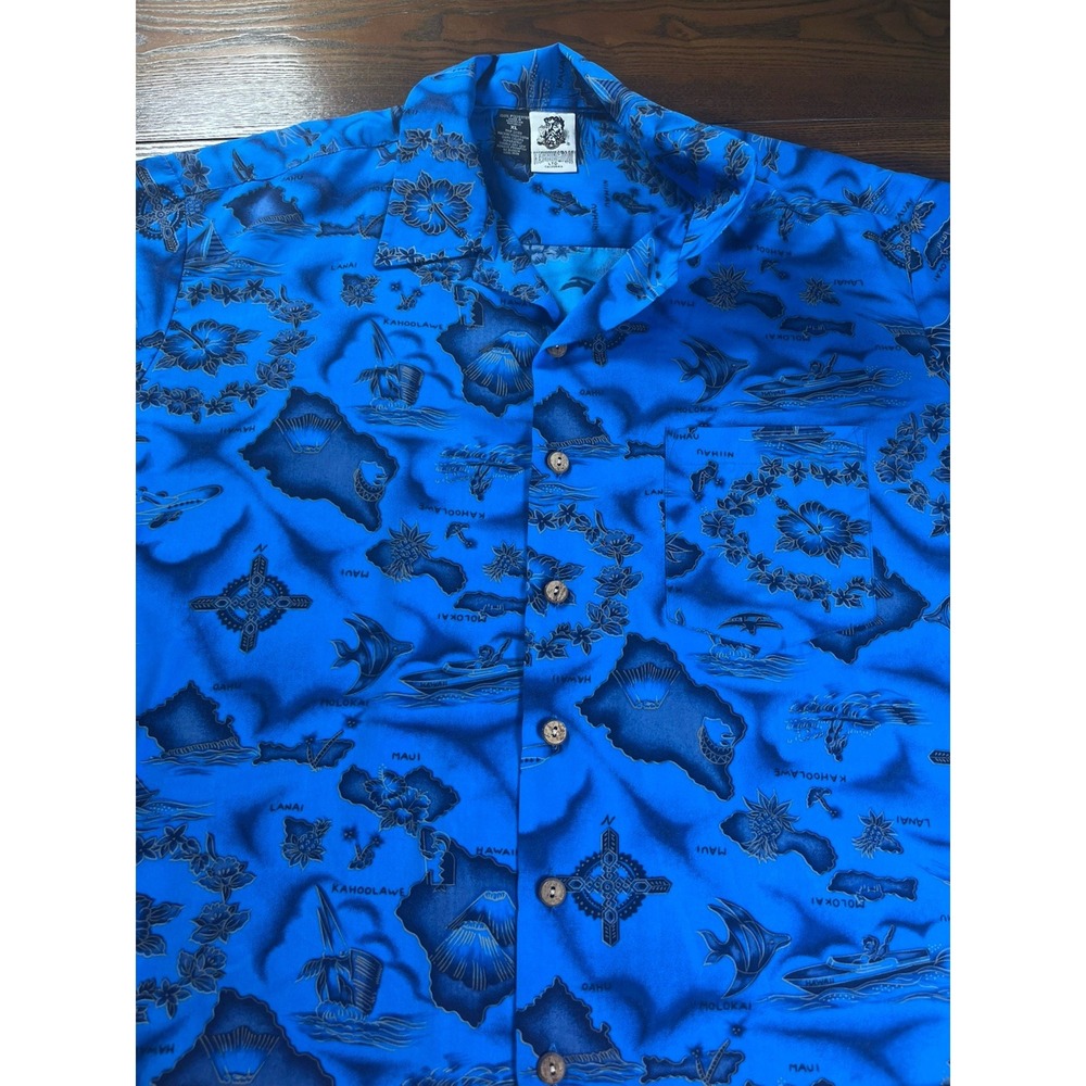 VTG Kennington Ltd Aloha Shirt Mens XL Blue Hawaiian Island Names AOP EUC